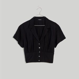 Drapey Banded-Bottom Button-Down Top